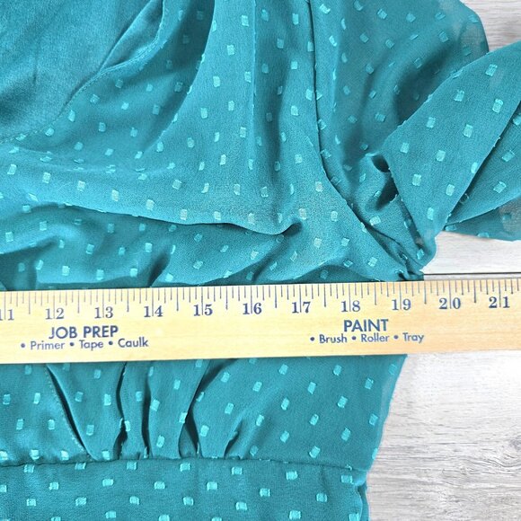 Green Polkadot Dress Sz XL A Line Chiffon Long Sleeve Flowy V Neck Tiered Mini - Picture 4 of 9
